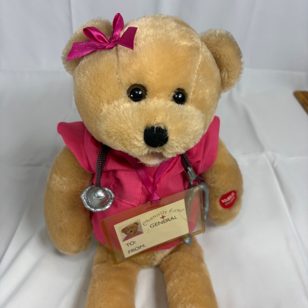 Chantilly Lane Nurse Bear Sings Pink Scrubs Top/Badge/Stet 19" Moves NO Sound - Picture 13 of 14
